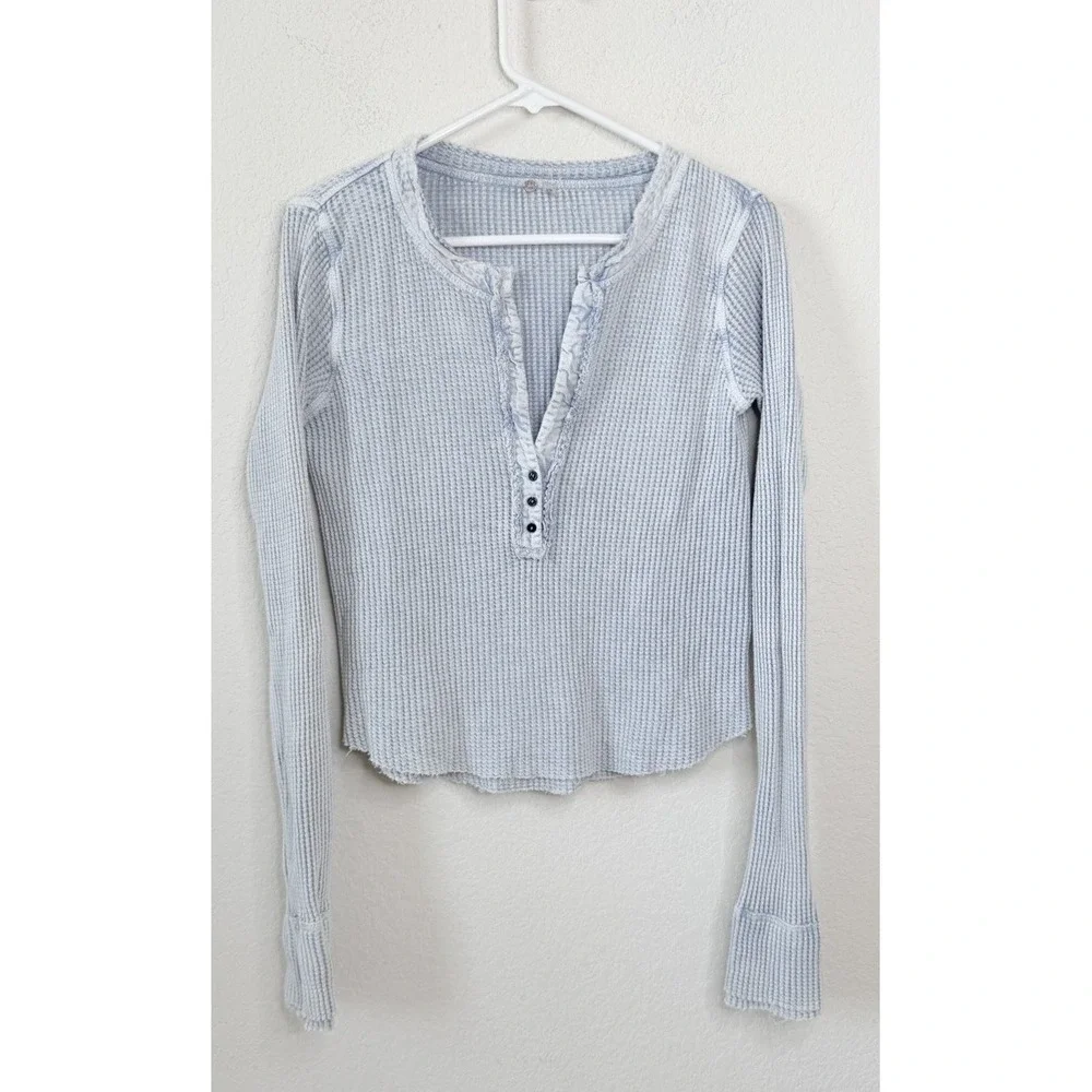 Free People FP One Colt Waffle Knit Thermal Henley Top Sz M Blue Waffle Knit